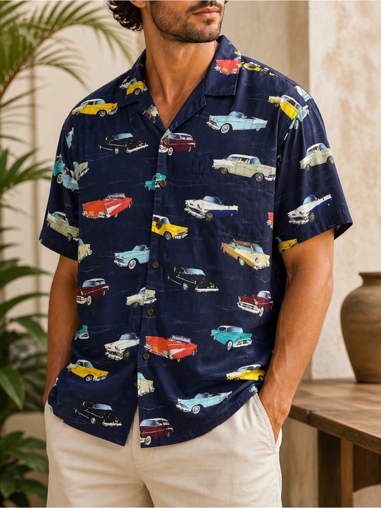 David Carey Other - David Carey Vintage Car Print Hawaiian Shirt Navy Retro Button Up XL